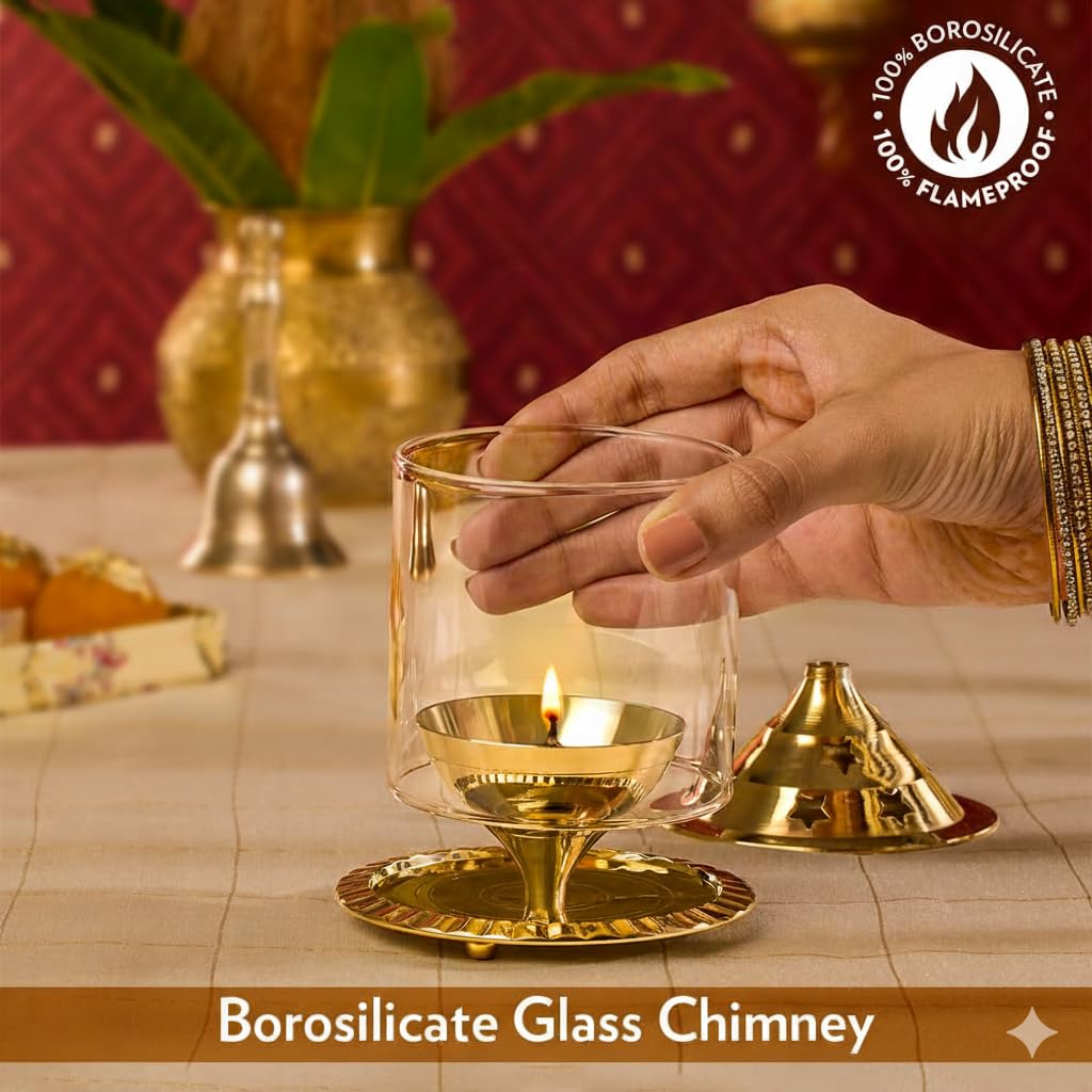 Large Akhand Diya Decorative Brass Oil Lamp with Glass Cover – Kanha Kothi