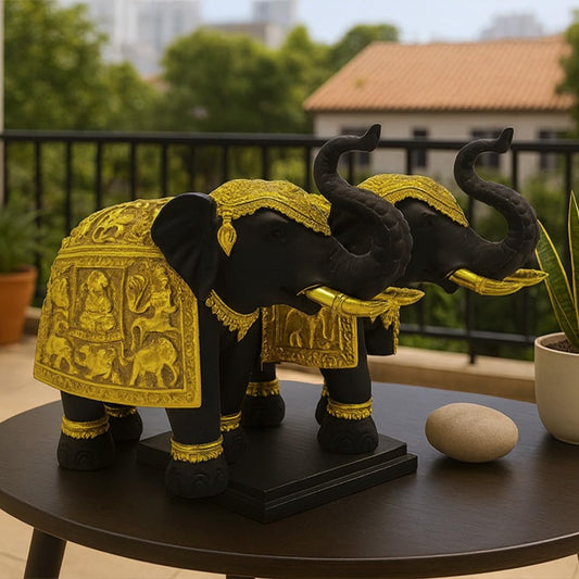 Decorative Black Elephant Figurines with Golden Detailing – Set of 2 | Handcrafted Thai-Style Showpieces for Home & Office by Kanha Kothi