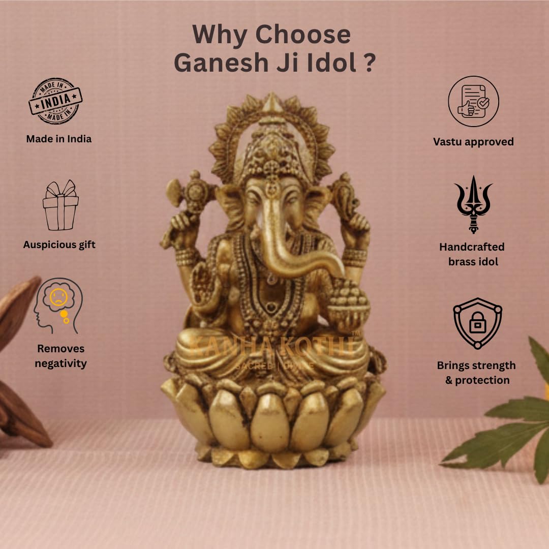 Handcrafted Brass Lord Ganesha Idol on Lotus | Antique Finish Ganpati Statue for Home Temple & Office Dcor