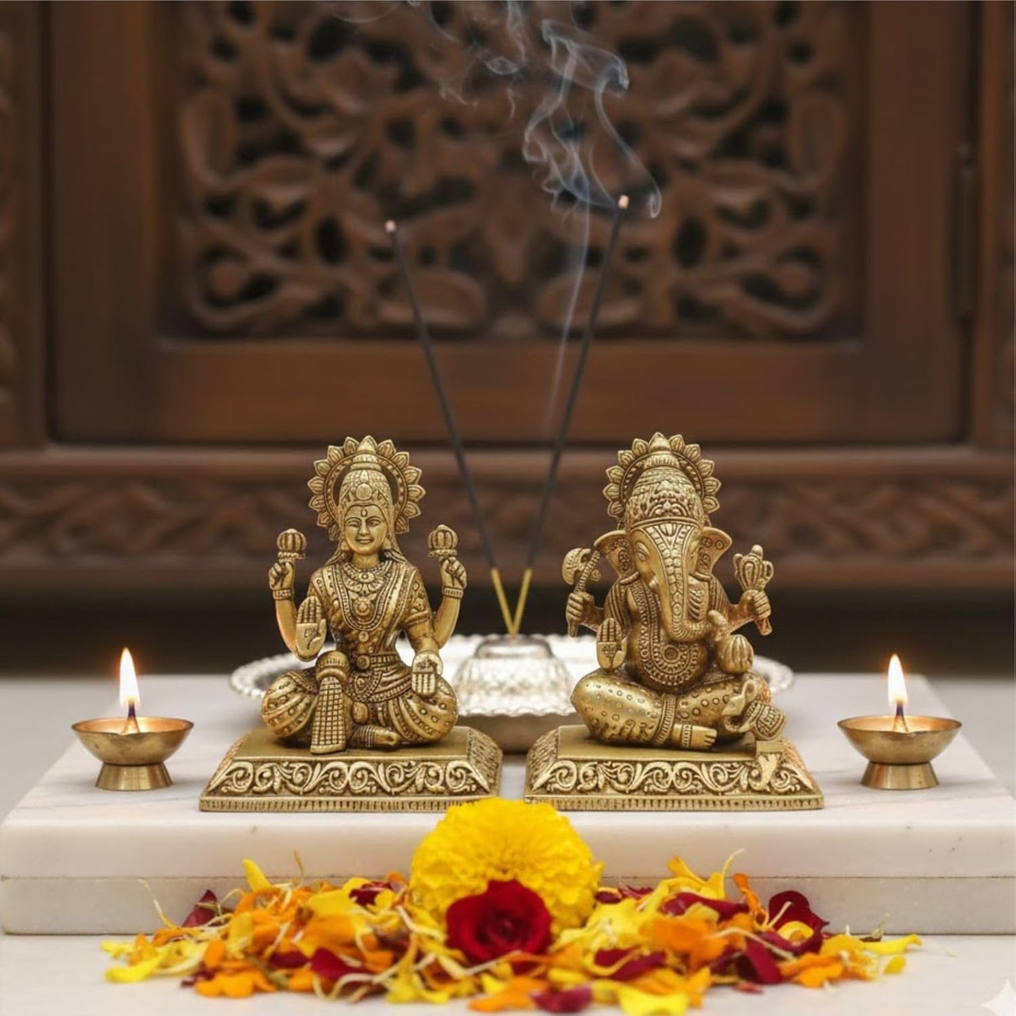 Handcrafted Brass Lakshmi Ganesh Idol Set – Divine Blessings for Your Home Temple