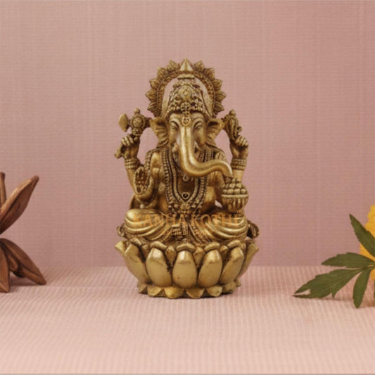Handcrafted Brass Lord Ganesha Idol on Lotus | Antique Finish Ganpati Statue for Home Temple & Office Dcor