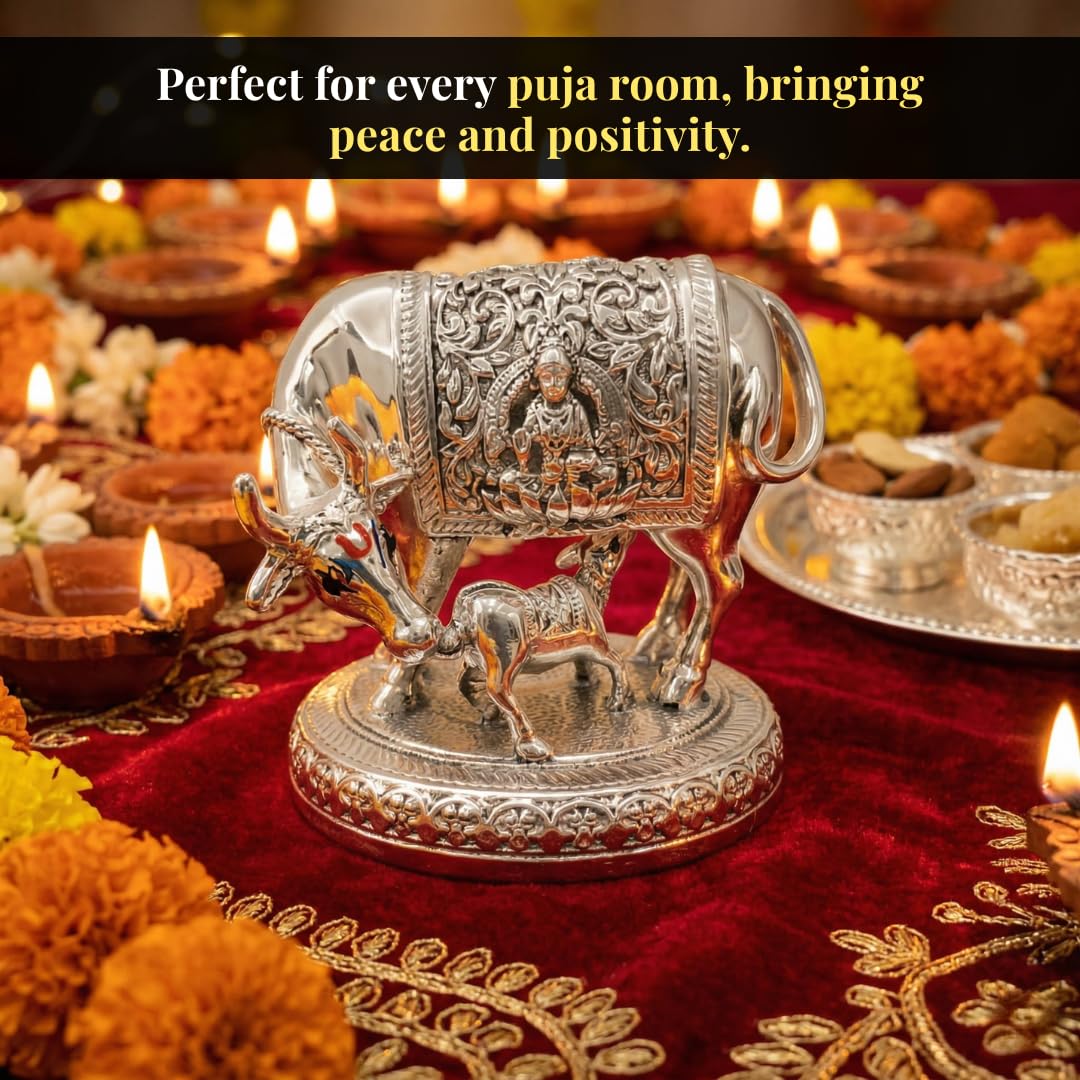 Kanha kothi 999 Pure Silver Plated Kamdhenu Cow Idol | 2.5 inch Vastu Home Decor for Pooja Room & Mandir | Symbol of Prosperity & Abundance | Ideal Religious & Spiritual Gift
