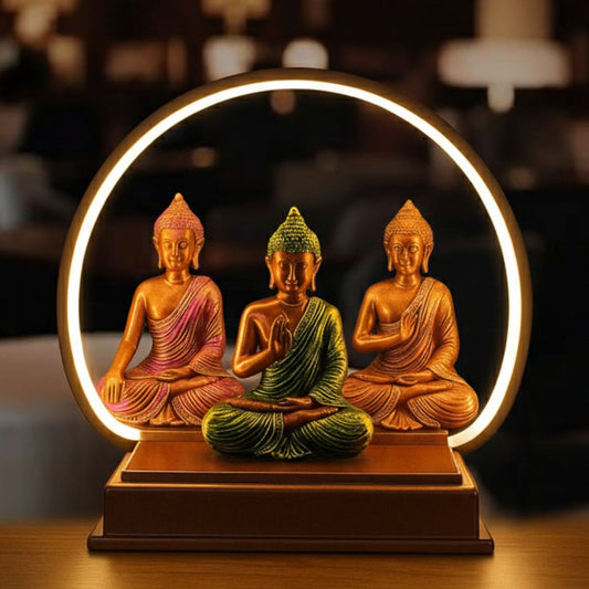 Triple Buddha Idol with LED Light – Decorative Meditating Buddha Showpiece by Kanha Kothi