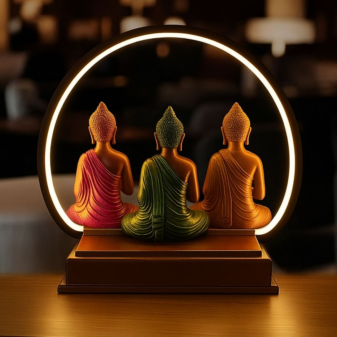 Triple Buddha Idol with LED Light – Decorative Meditating Buddha Showpiece by Kanha Kothi