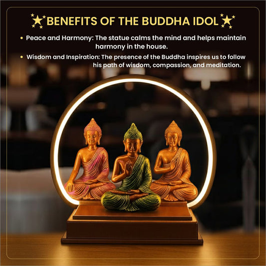 Triple Buddha Idol with LED Light – Decorative Meditating Buddha Showpiece by Kanha Kothi