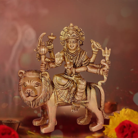 Kanha kothi Durga Maa on Lion Brass Idol 13 cm | Simhavahini Durga Murti for Home Temple