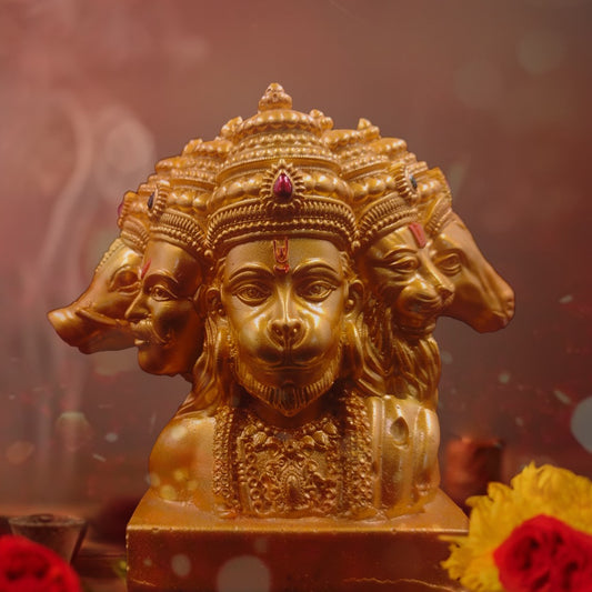 Kanha kothi Panchmukhi Hanuman Idol (Five Faced) | Golden Finish Resin/Polyresin Murti for Home Temple & Office
