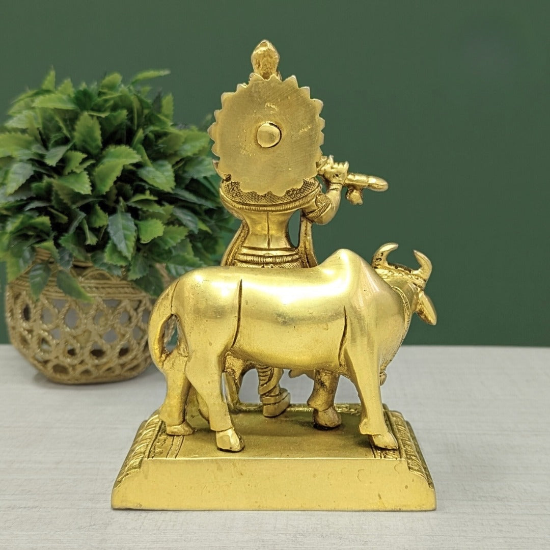 Pure Brass Lord Krishna with Cow Statue (7 Inch) – Divine Home Décor & Spiritual Idol