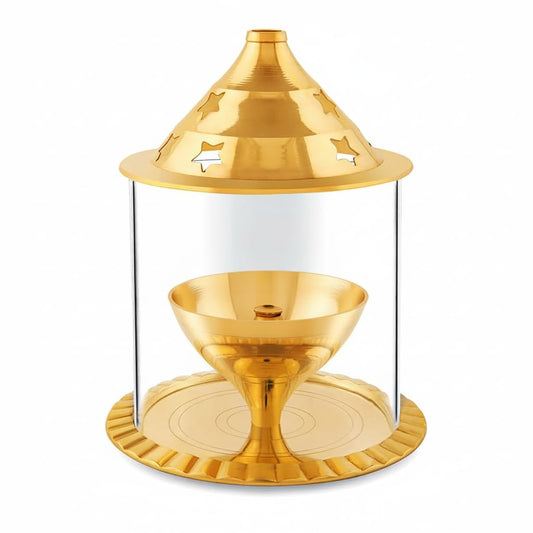 Akhand Diya Decorative Brass Oil Lamp with Glass Cover (Medium Size) – Kanha Kothi