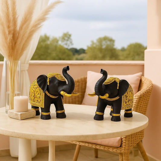 Decorative Black Elephant Figurines with Golden Detailing – Set of 2 | Handcrafted Thai-Style Showpieces for Home & Office by Kanha Kothi