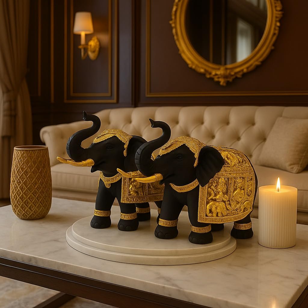 Decorative Black Elephant Figurines with Golden Detailing – Set of 2 | Handcrafted Thai-Style Showpieces for Home & Office by Kanha Kothi