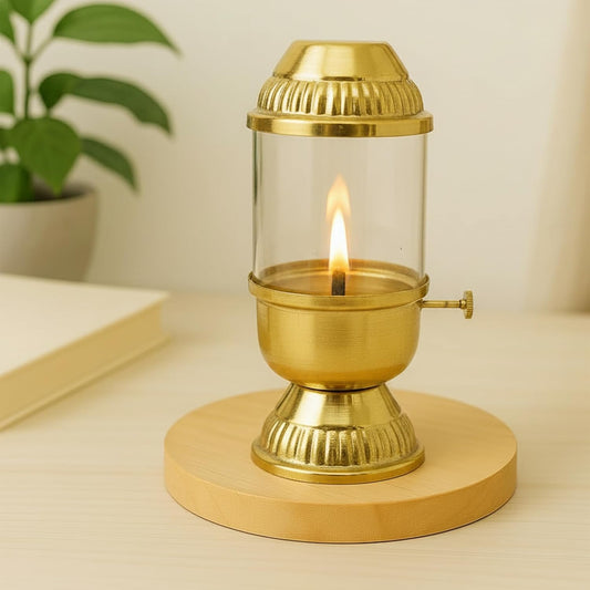 100% Pure Brass Akhand Diya with Adjustable bati Knob, Wick Lifting Screw Lever, Glass Cover (Large Size, 160 ml Oil Capacity, Stay Lit Upto 24 Hours, Diya for Pooja,Long Burning Oil Lamp