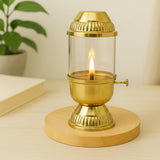 100% Pure Brass Akhand Diya with Adjustable bati Knob, Wick Lifting Screw Lever, Glass Cover (Large Size, 160 ml Oil Capacity, Stay Lit Upto 24 Hours, Diya for Pooja,Long Burning Oil Lamp