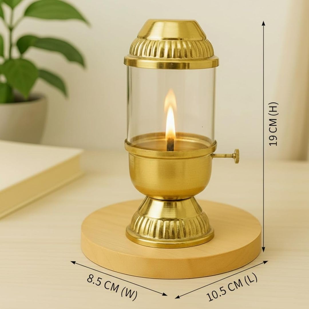 100% Pure Brass Akhand Diya with Adjustable bati Knob, Wick Lifting Screw Lever, Glass Cover (Large Size, 160 ml Oil Capacity, Stay Lit Upto 24 Hours, Diya for Pooja,Long Burning Oil Lamp