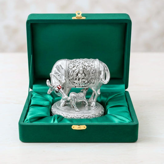 Kanha kothi 999 Pure Silver Plated Kamdhenu Cow Idol | 2.5 inch Vastu Home Decor for Pooja Room & Mandir | Symbol of Prosperity & Abundance | Ideal Religious & Spiritual Gift
