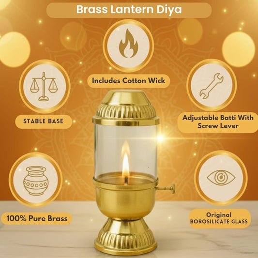 100% Pure Brass Akhand Diya with Adjustable bati Knob, Wick Lifting Screw Lever, Glass Cover (Large Size, 160 ml Oil Capacity, Stay Lit Upto 24 Hours, Diya for Pooja,Long Burning Oil Lamp