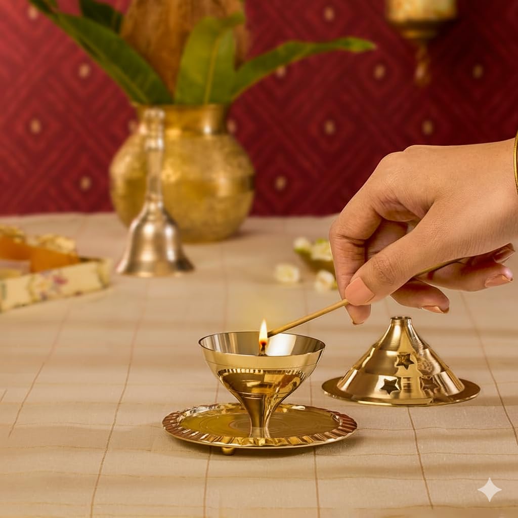 Akhand Diya Decorative Brass Oil Lamp with Glass Cover (Medium Size) – Kanha Kothi