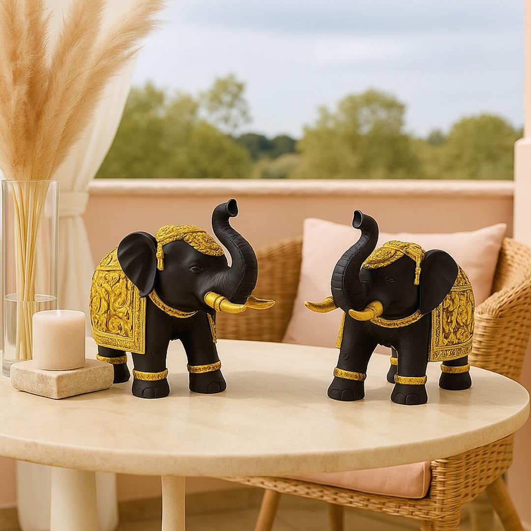 Decorative Black Elephant Figurines with Golden Detailing – Set of 2 | Handcrafted Thai-Style Showpieces for Home & Office by Kanha Kothi