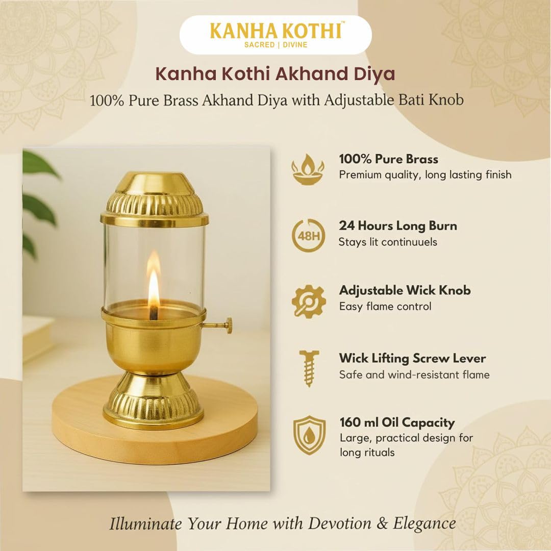 100% Pure Brass Akhand Diya with Adjustable bati Knob, Wick Lifting Screw Lever, Glass Cover (Large Size, 160 ml Oil Capacity, Stay Lit Upto 24 Hours, Diya for Pooja,Long Burning Oil Lamp