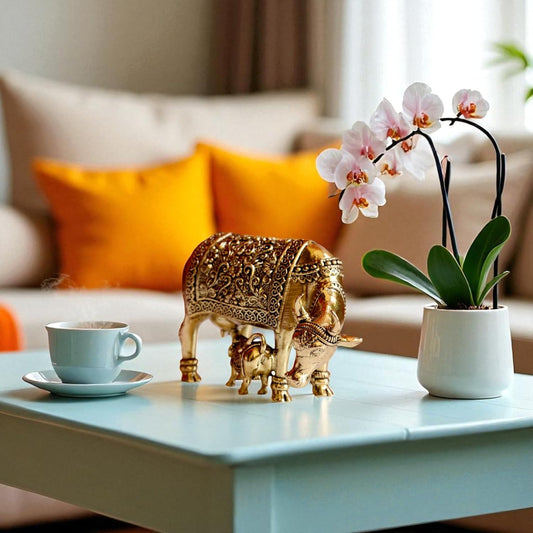 Brass Kamdhenu Cow with Calf Idol | Small Size Kamdhenu Gau MATA Sculpture for Showpiece, Temple, Gifting | Hand Engraved Design with Everlasting Shine