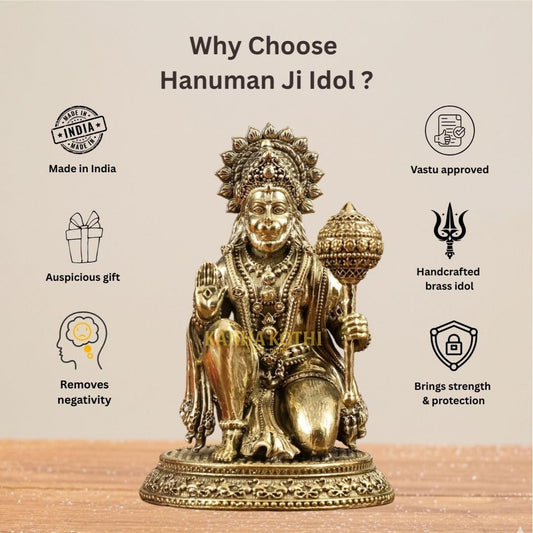 Pure Brass Lord Hanuman Idol for Home Temple | Bajrangbali Murti for Pooja & Gift | Brass Hanuman Ji Statue for Office, Mandir & Decor