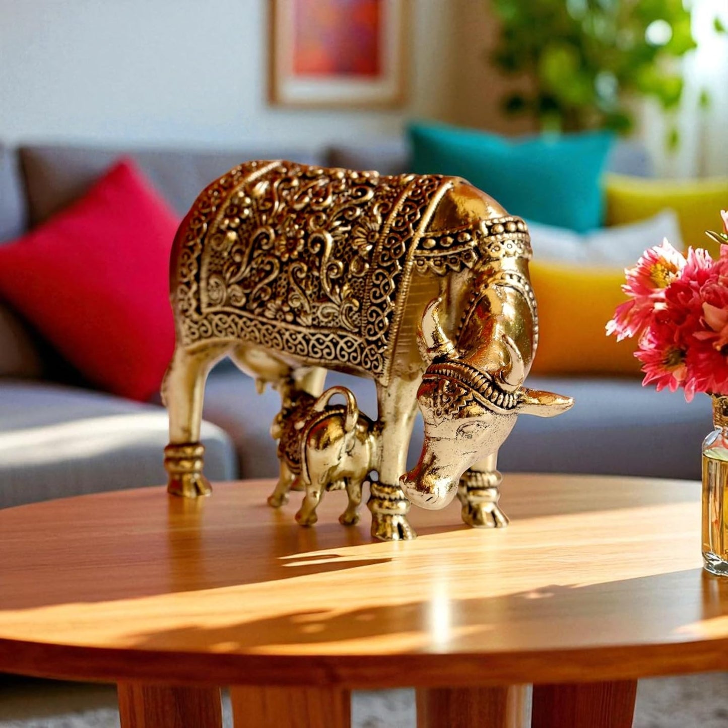Brass Kamdhenu Cow with Calf Idol | Small Size Kamdhenu Gau MATA Sculpture for Showpiece, Temple, Gifting | Hand Engraved Design with Everlasting Shine