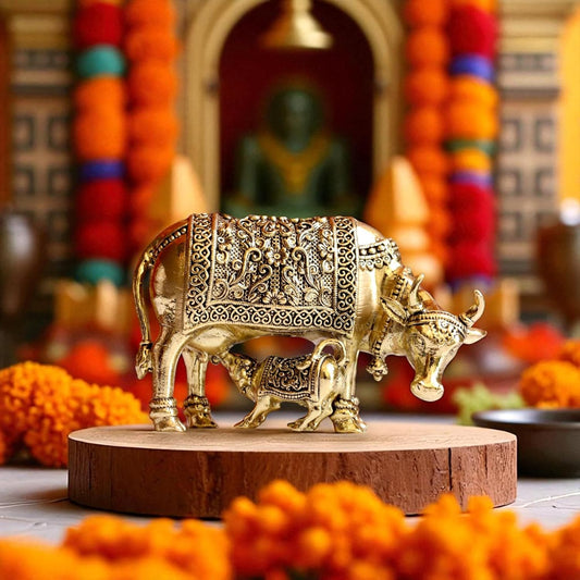Brass Kamdhenu Cow with Calf Idol | Small Size Kamdhenu Gau MATA Sculpture for Showpiece, Temple, Gifting | Hand Engraved Design with Everlasting Shine