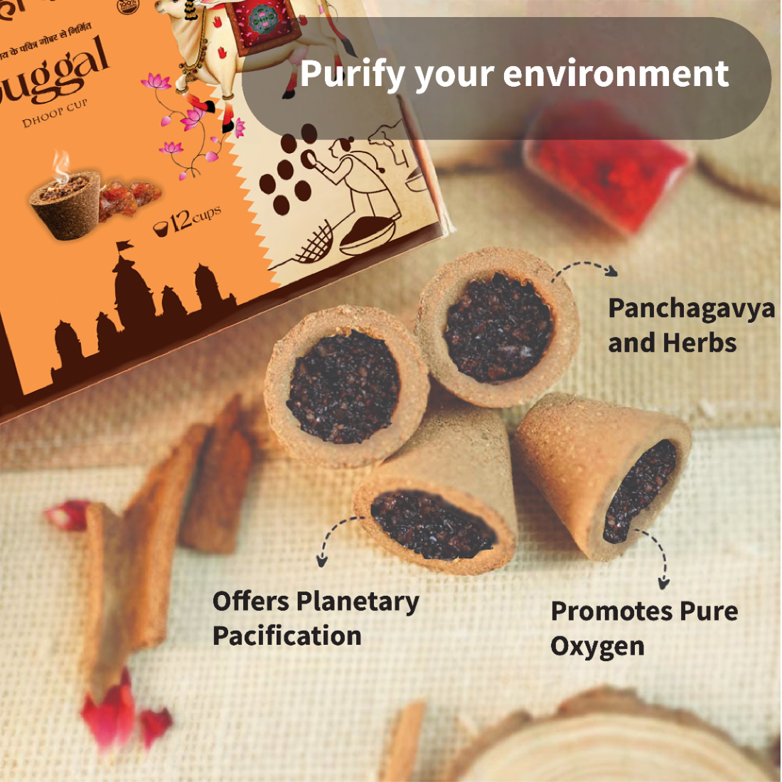 Kanha Kothi Guggal Dhoop Cup – 12 Natural Hawan Cups | Gir Cow Panchgavya Based (Pack of 1))