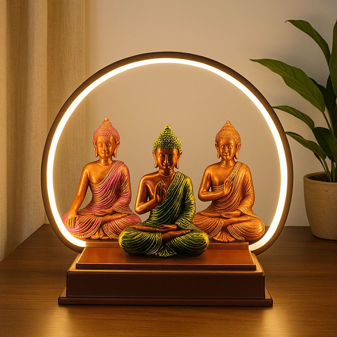 Triple Buddha Idol with LED Light – Decorative Meditating Buddha Showpiece by Kanha Kothi