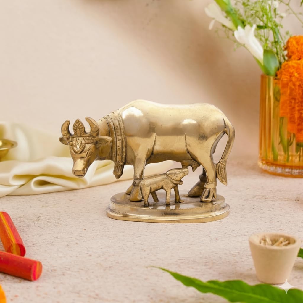 Buy Brass Kamdhenu Cow and Calf Idol for Puja & Home Decor | Kanha Kothi
