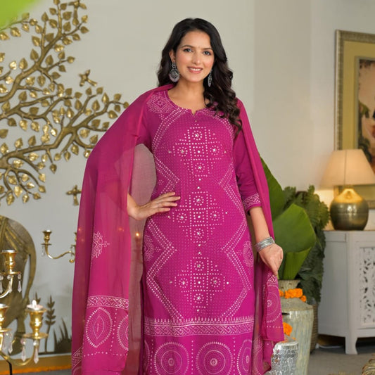 Magenta Cotton Bandhani Print Kurta Set with Matching Pant & Dupatta – Elegant 3 Piece Suit for Women