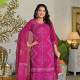 Magenta Cotton Bandhani Print Kurta Set with Matching Pant & Dupatta – Elegant 3 Piece Suit for Women