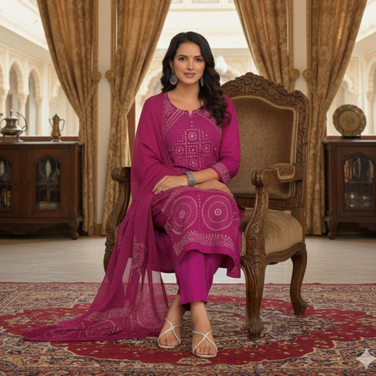 Magenta Cotton Bandhani Print Kurta Set with Matching Pant & Dupatta – Elegant 3 Piece Suit for Women