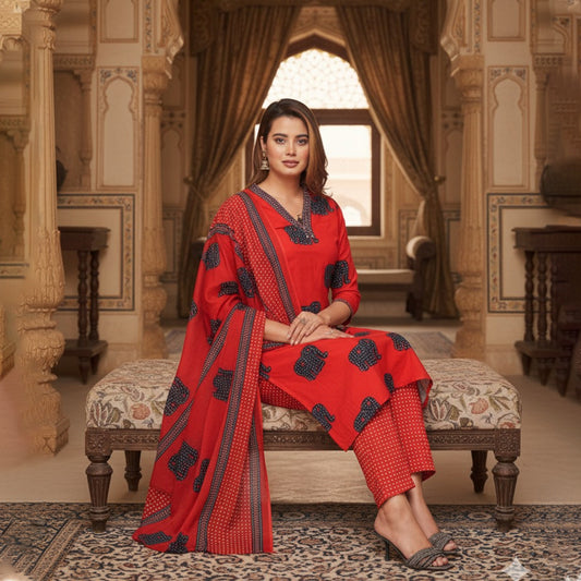 Red Cotton Elephant Print Kurta Set with Printed Pant & Dupatta – Trendy 3 Piece Ethnic Suit for Women