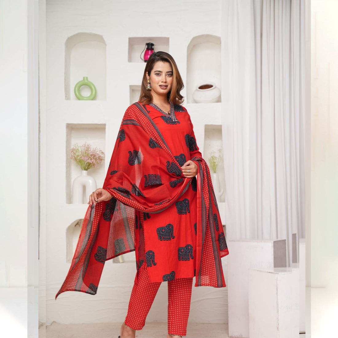 Red Cotton Elephant Print Kurta Set with Printed Pant & Dupatta – Trendy 3 Piece Ethnic Suit for Women