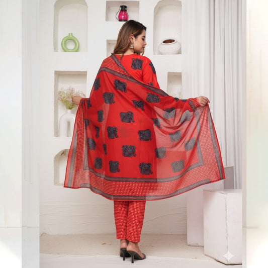 Red Cotton Elephant Print Kurta Set with Printed Pant & Dupatta – Trendy 3 Piece Ethnic Suit for Women