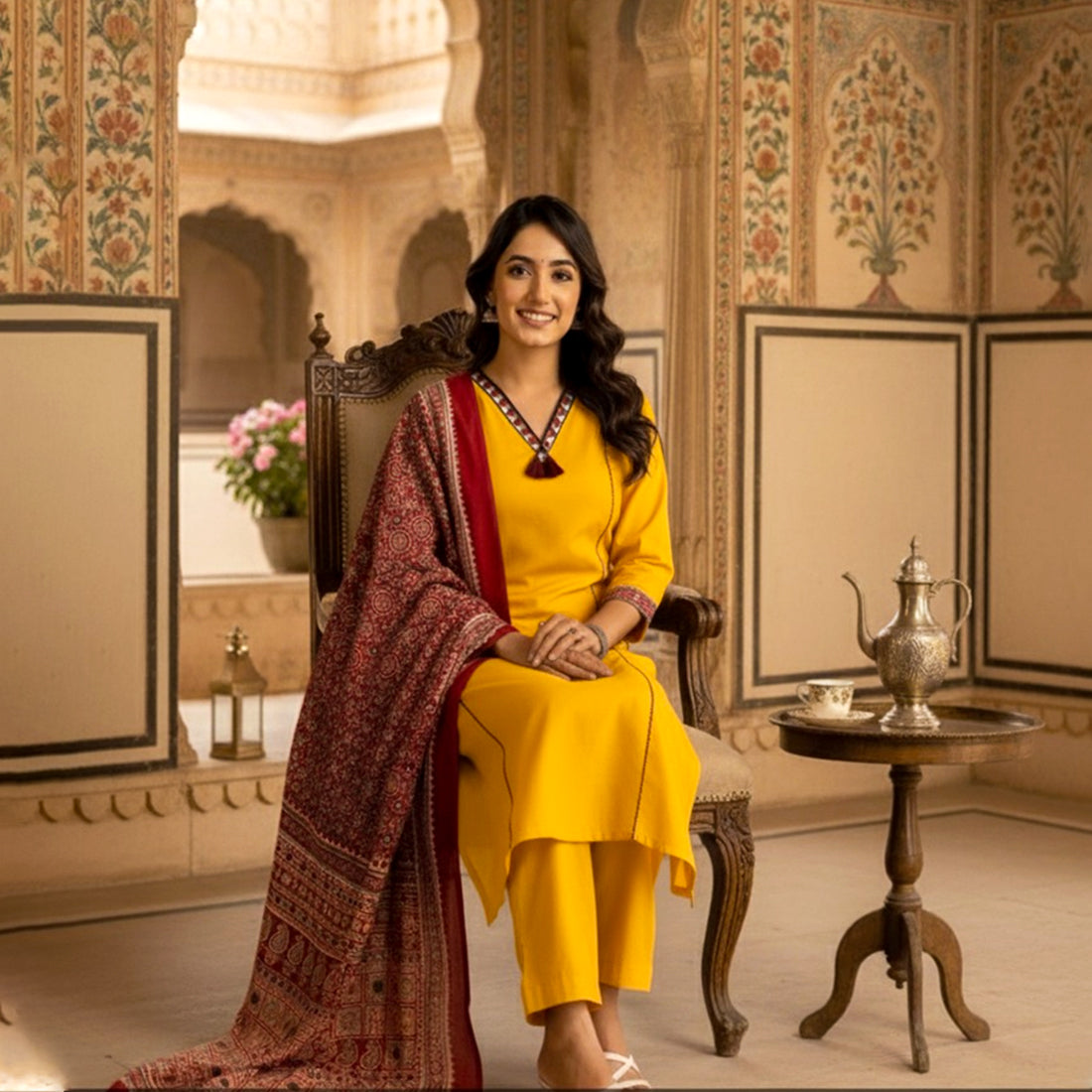 Yellow Cotton Kurta Salwar with Red Designer Dupatta – Women’s 3 Piece Set