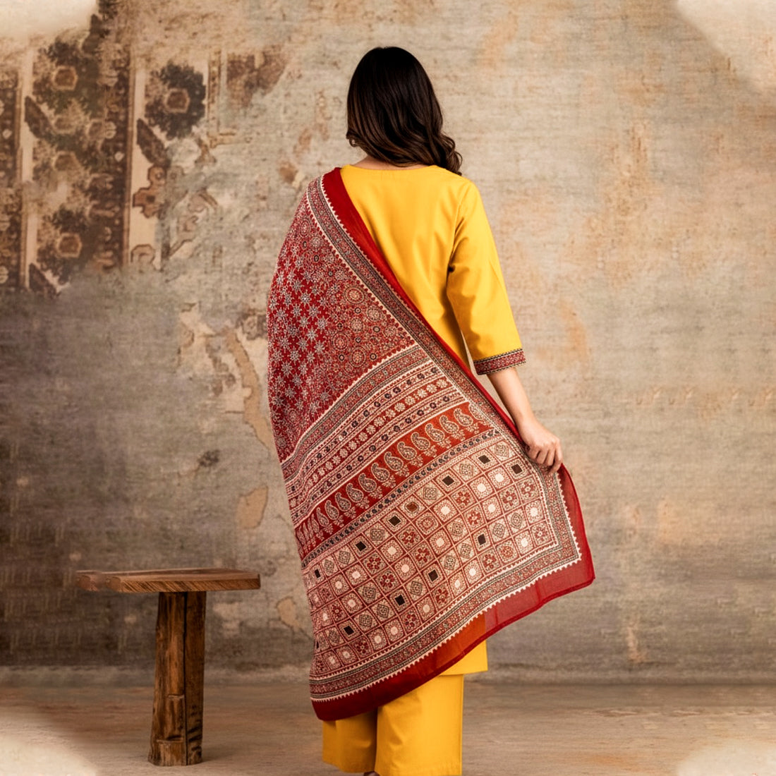 Yellow Cotton Kurta Salwar with Red Designer Dupatta – Women’s 3 Piece Set