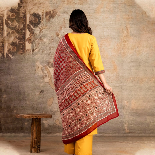 Yellow Cotton Kurta Salwar with Red Designer Dupatta – Women’s 3 Piece Set