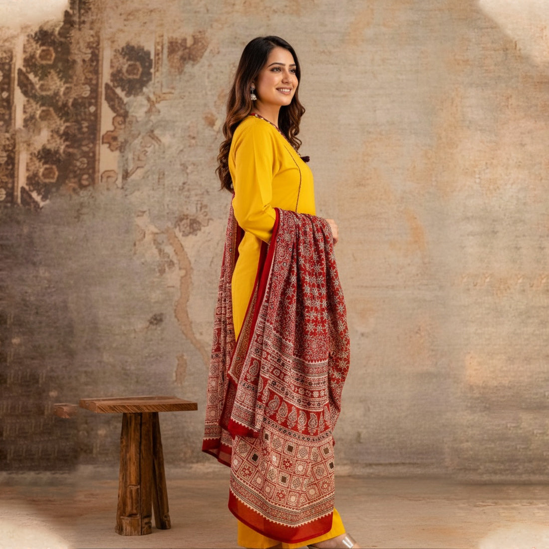 Yellow Cotton Kurta Salwar with Red Designer Dupatta – Women’s 3 Piece Set