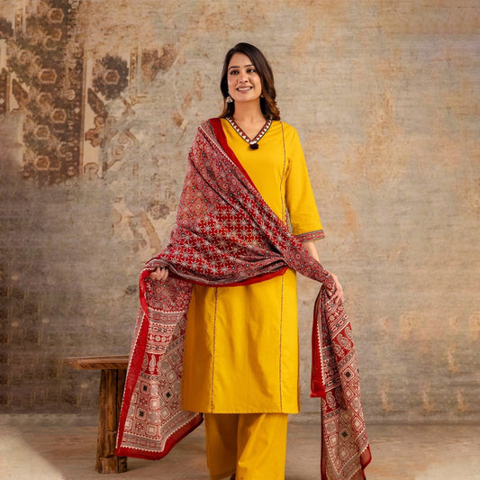Yellow Cotton Kurta Salwar with Red Designer Dupatta – Women’s 3 Piece Set