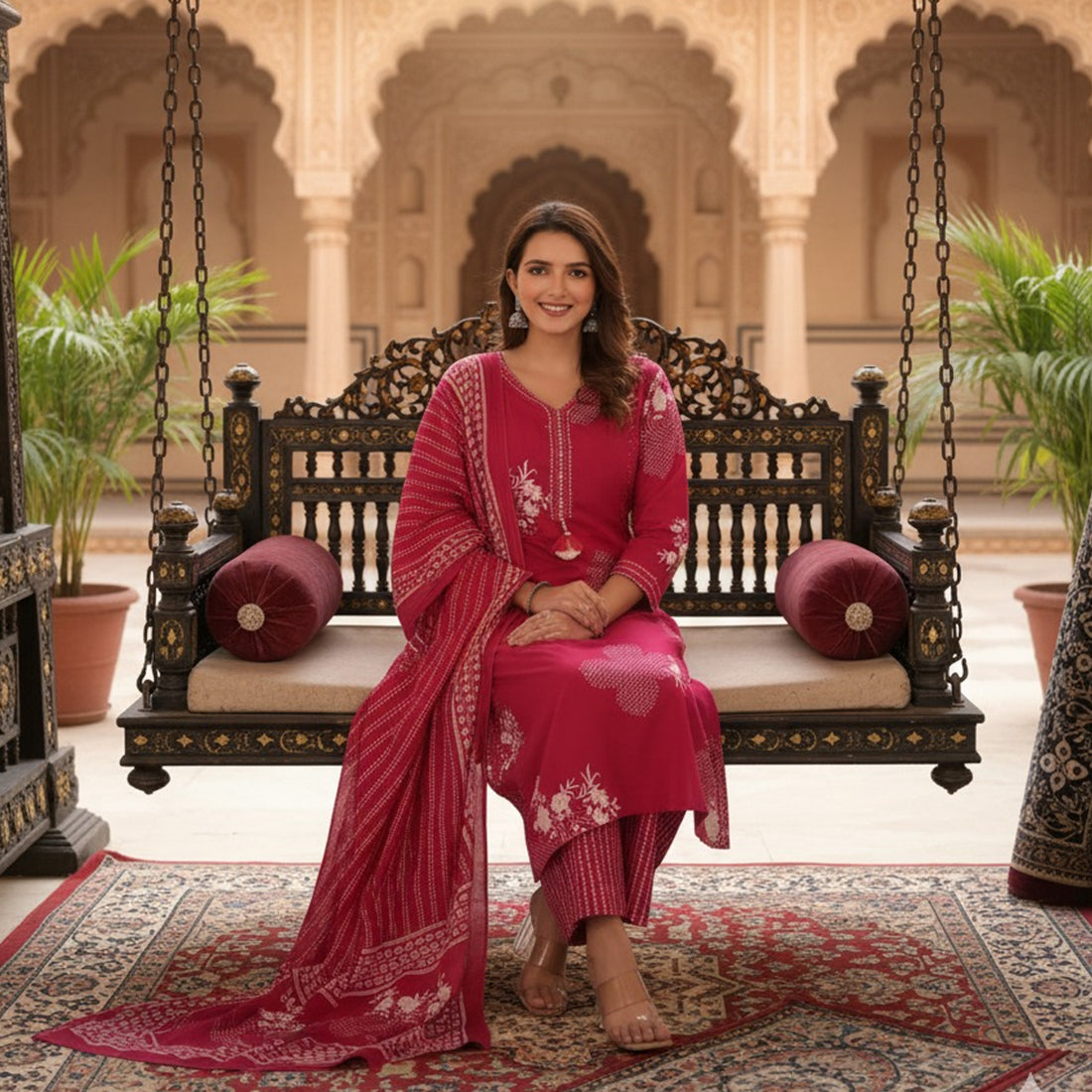 Rani Cotton Printed Kurta Set with Palazzo & Dupatta – Women’s 3 Piece Traditional Outfit
