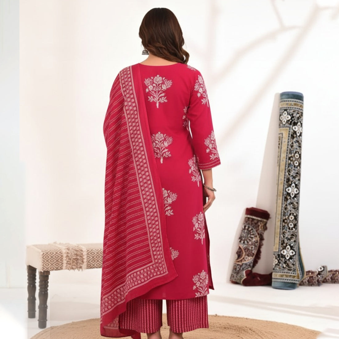 Rani Cotton Printed Kurta Set with Palazzo & Dupatta – Women’s 3 Piece Traditional Outfit