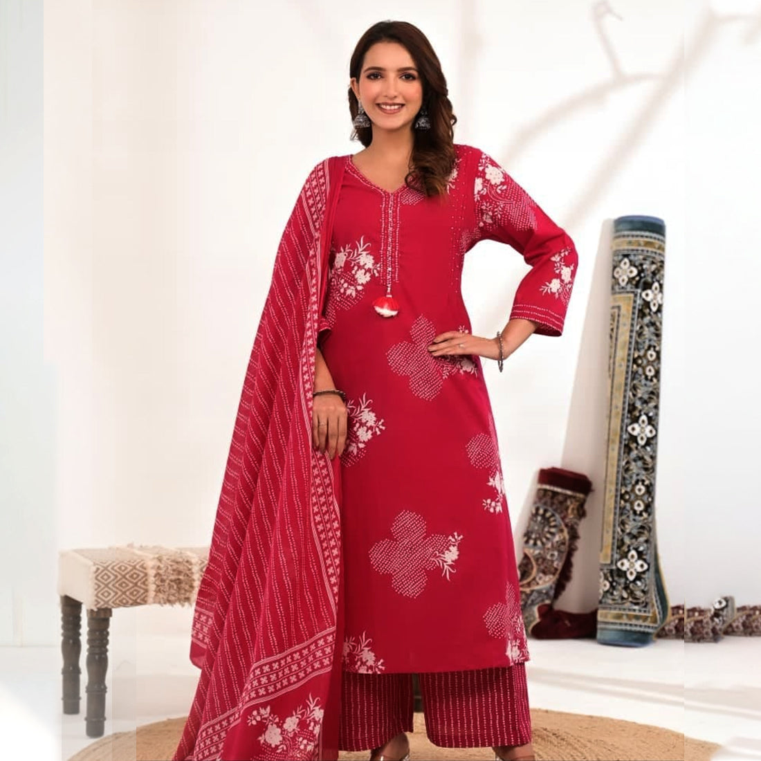 Rani Cotton Printed Kurta Set with Palazzo & Dupatta – Women’s 3 Piece Traditional Outfit