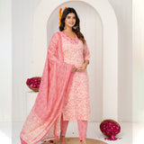 Peach Floral Printed Cotton Kurta Set with Matching Pant & Dupatta – Elegant 3 Piece Suit for Women