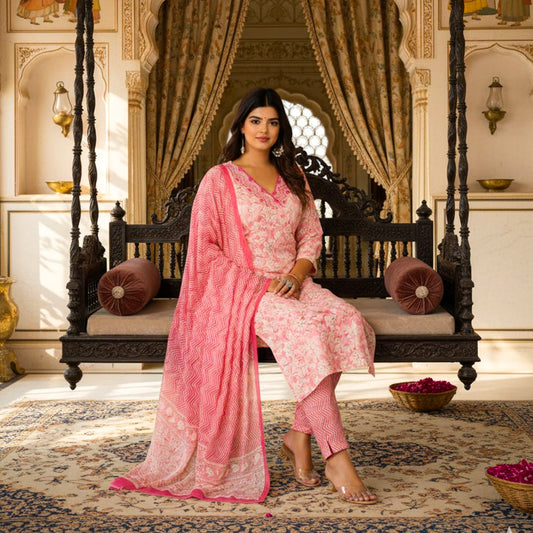 Peach Floral Printed Cotton Kurta Set with Matching Pant & Dupatta – Elegant 3 Piece Suit for Women