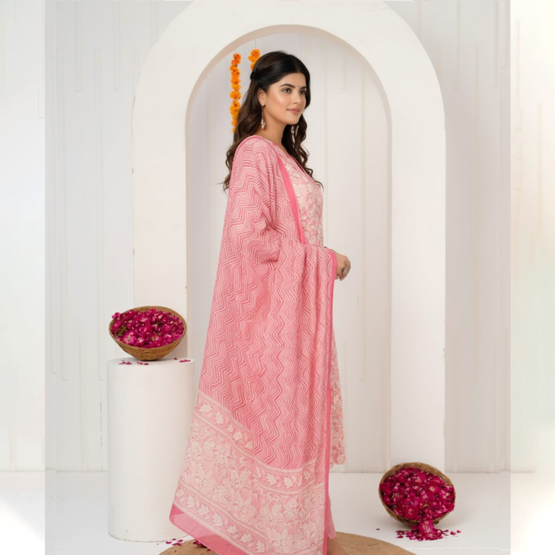 Peach Floral Printed Cotton Kurta Set with Matching Pant & Dupatta – Elegant 3 Piece Suit for Women