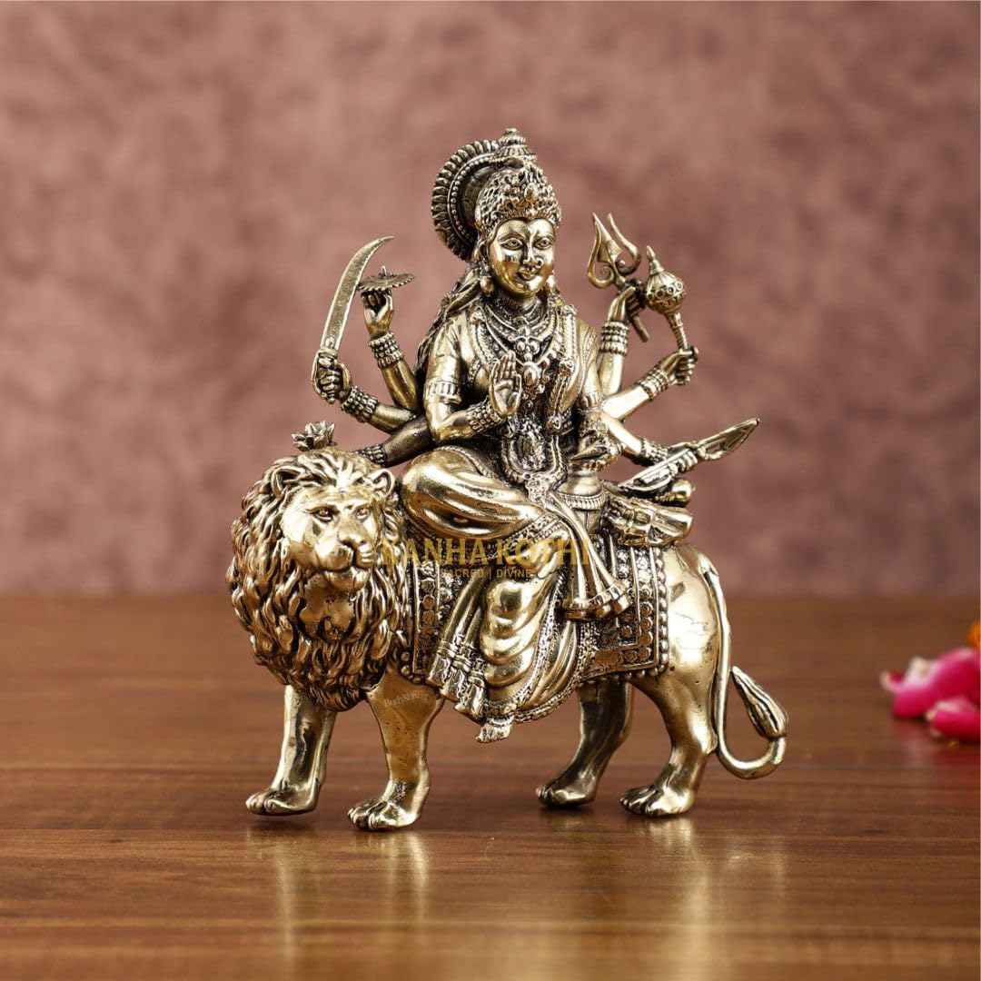 Pure Brass Maa Durga Idol on Lion – Handcrafted Durga Mata Murti for Home Temple & Pooja