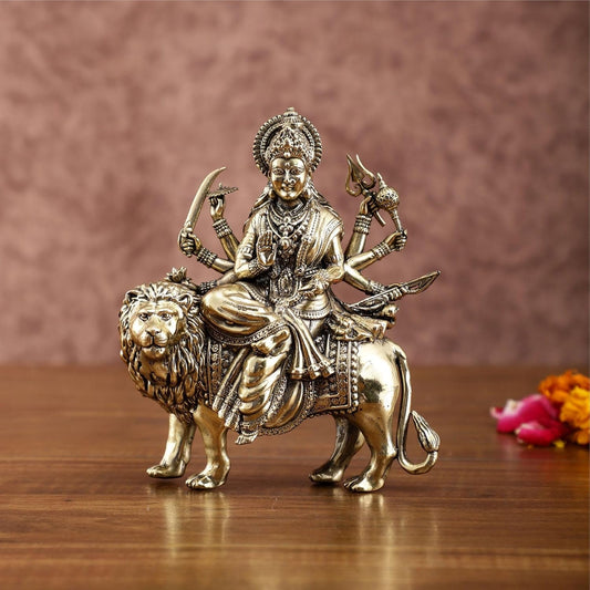 Pure Brass Maa Durga Idol on Lion – Handcrafted Durga Mata Murti for Home Temple & Pooja