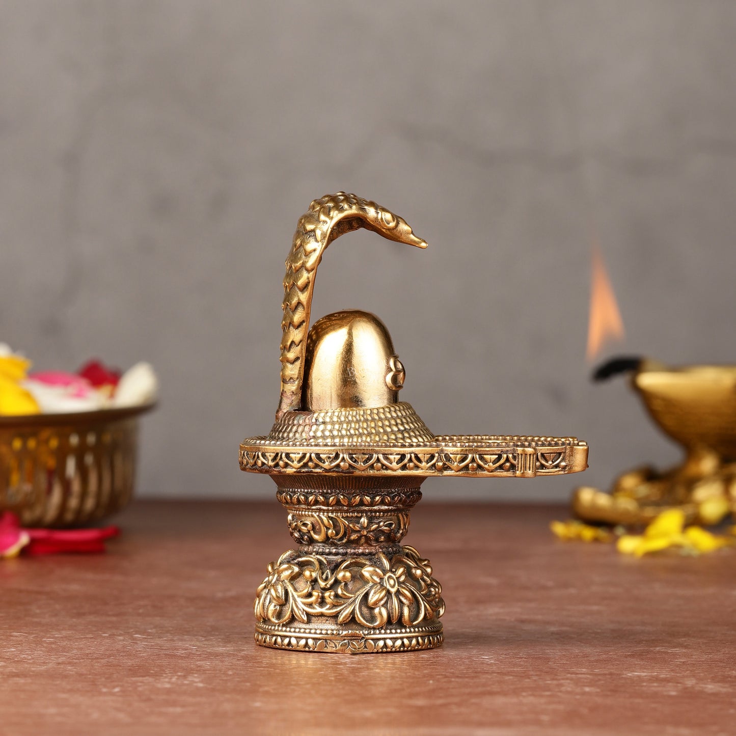 Kanha Kothi 3.5 Inch Brass Shivling with Nag Design | Decorative Shivling for Home Temple & Puja